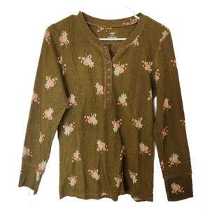 Olive Floral Thermal Henley Top - Women
